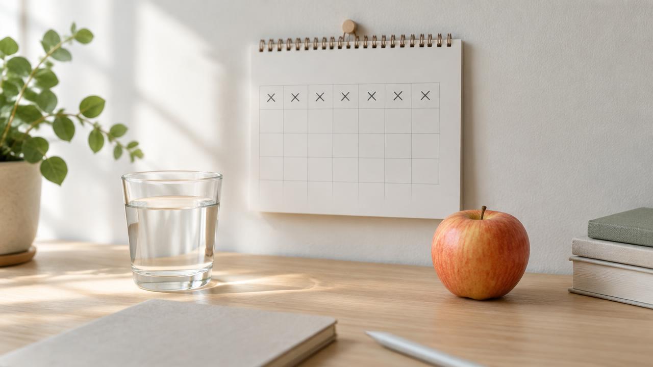 Väggkalender med ikryssade dagar, ett glas vatten och ett äpple på ett skrivbord