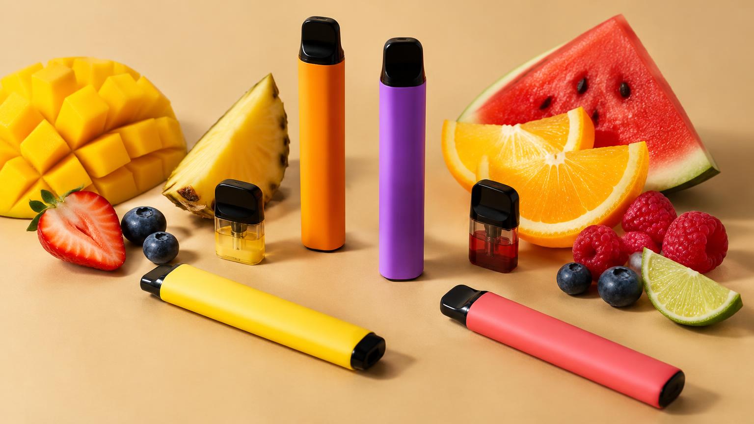 Fruktfärgade vapes och poddar bland färsk frukt