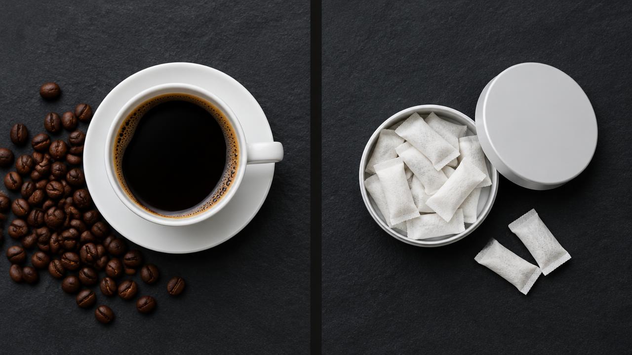 Kopp svart kaffe med kaffebönor bredvid en öppen dosa med vita portionspåsar