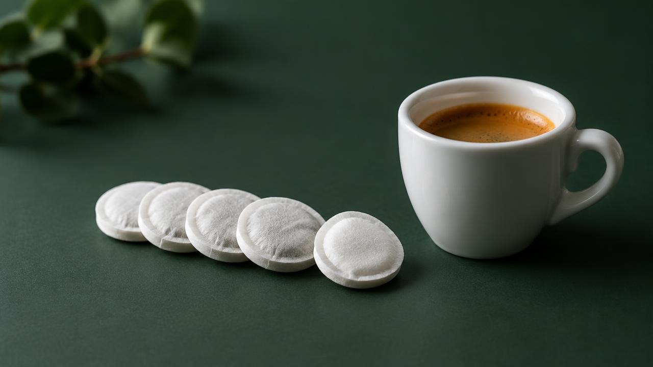 Vita koffeinpåsar på rad bredvid en kopp espresso på mörkgrönt underlag