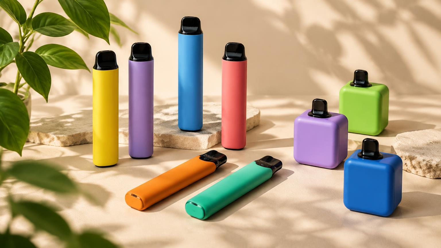 Färgglada Vont-vapes i stav- och kubform på beige bakgrund
