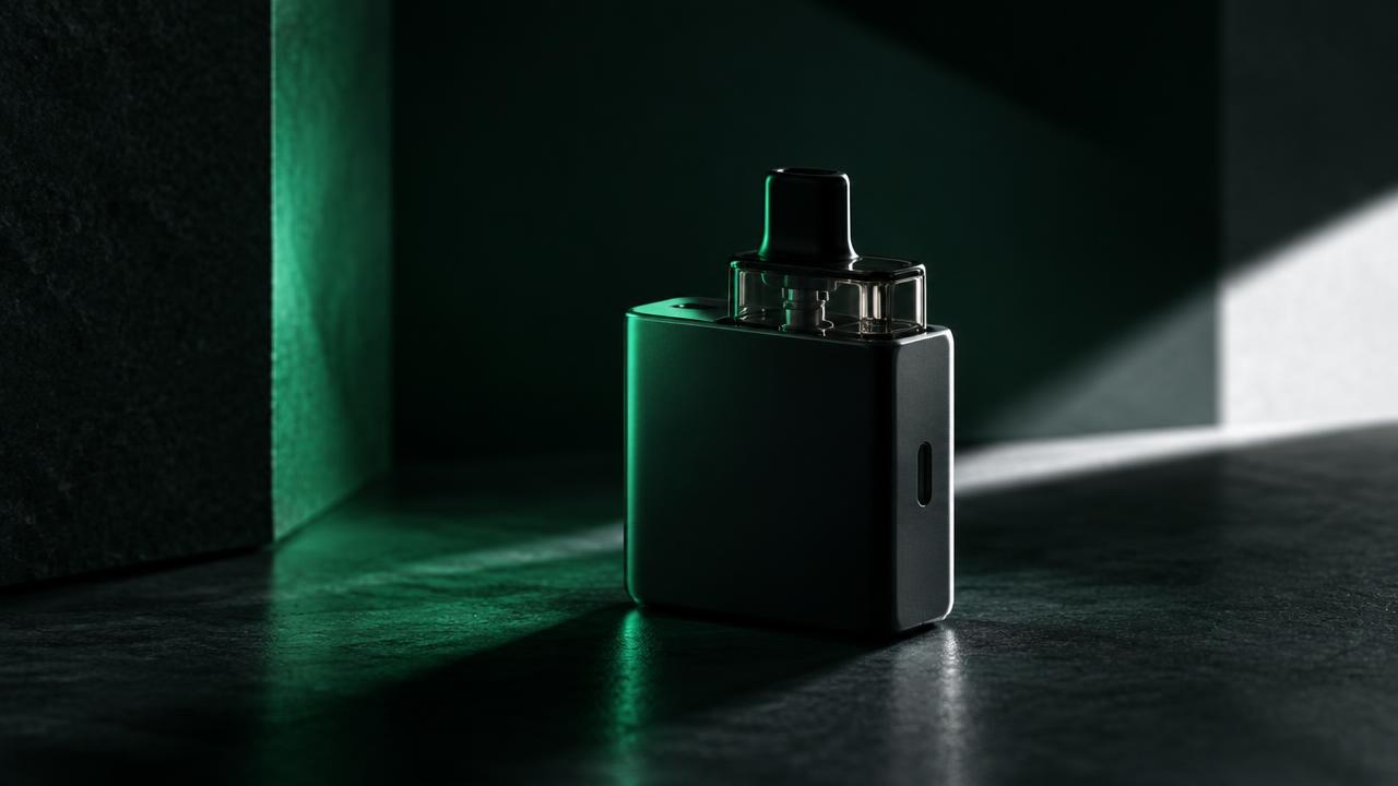 Kubformad vape-enhet i mörk miljö med grönt ljus