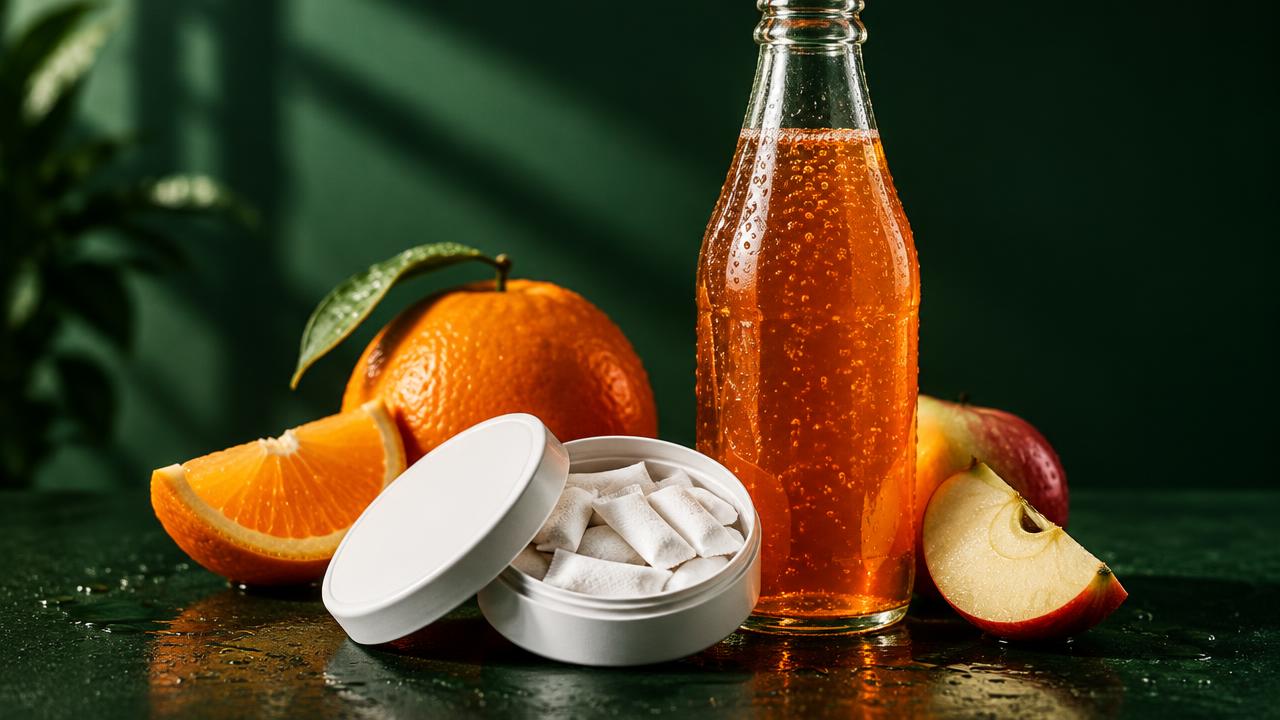 Öppen dosa med vita nikotinpåsar bredvid en glasflaska med orange läsk, apelsin och äpple